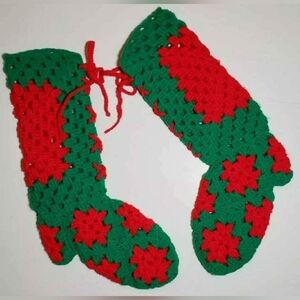 Pair of Vintage Granny Square Crochet Knit Stockings Lace Up Green Red